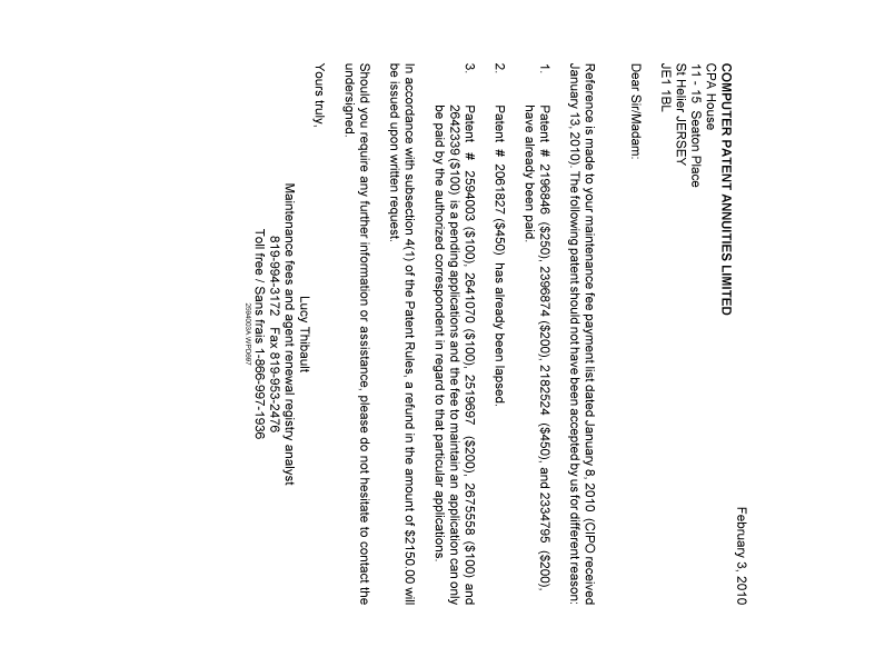 Document de brevet canadien 2594003. Correspondance 20091203. Image 1 de 1
