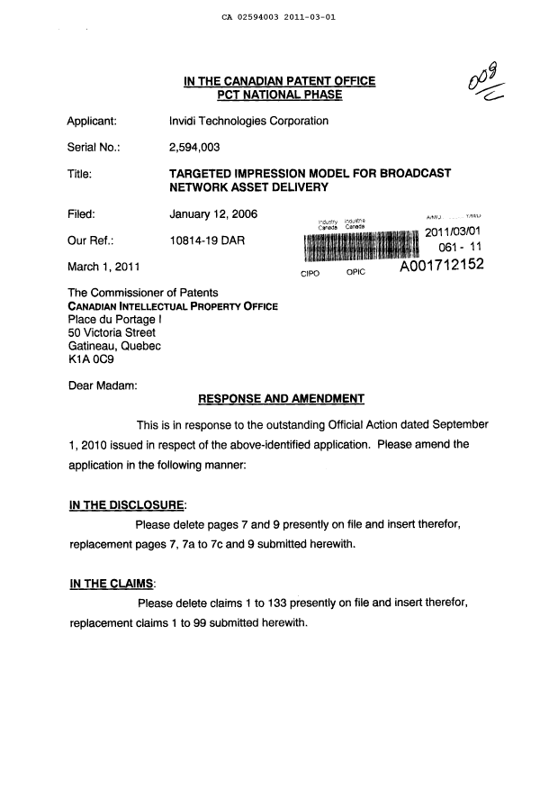 Canadian Patent Document 2594003. Prosecution-Amendment 20101201. Image 1 of 19
