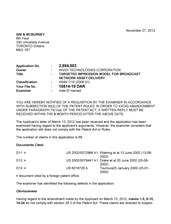 Canadian Patent Document 2594003. Prosecution-Amendment 20111227. Image 1 of 10