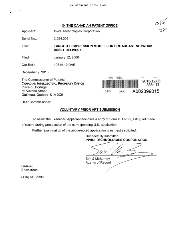 Canadian Patent Document 2594003. Prosecution-Amendment 20121203. Image 1 of 1