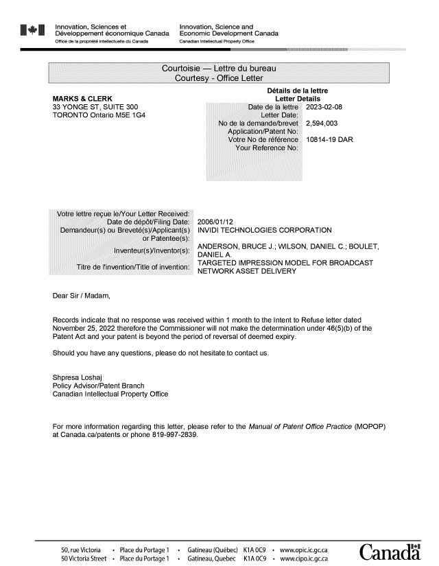 Canadian Patent Document 2594003. Reinstatement Refused 20230208. Image 1 of 1