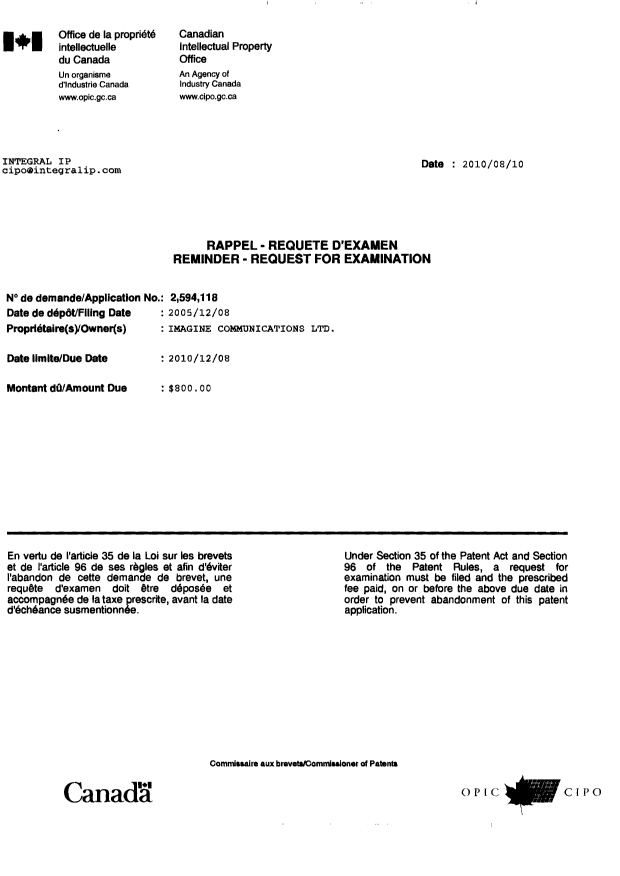 Document de brevet canadien 2594118. Poursuite-Amendment 20100810. Image 1 de 1
