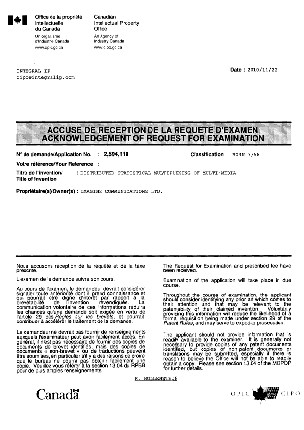 Document de brevet canadien 2594118. Correspondance 20101122. Image 1 de 1