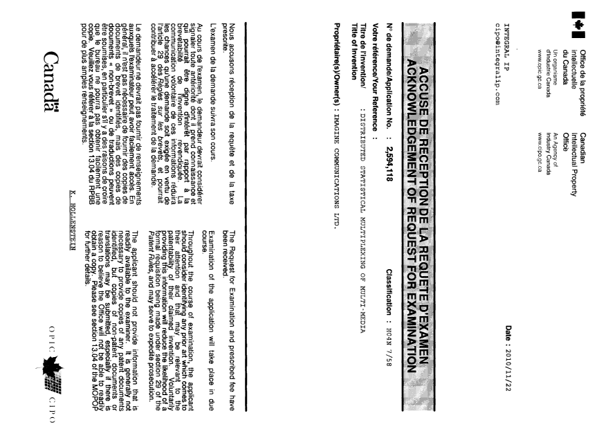 Canadian Patent Document 2594118. Correspondence 20101122. Image 1 of 1