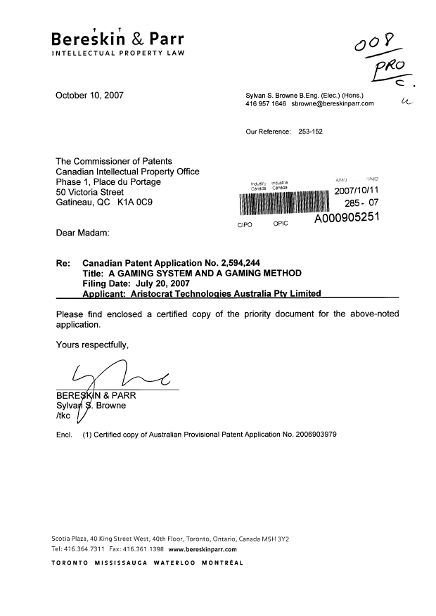 Canadian Patent Document 2594244. Prosecution-Amendment 20071011. Image 1 of 1
