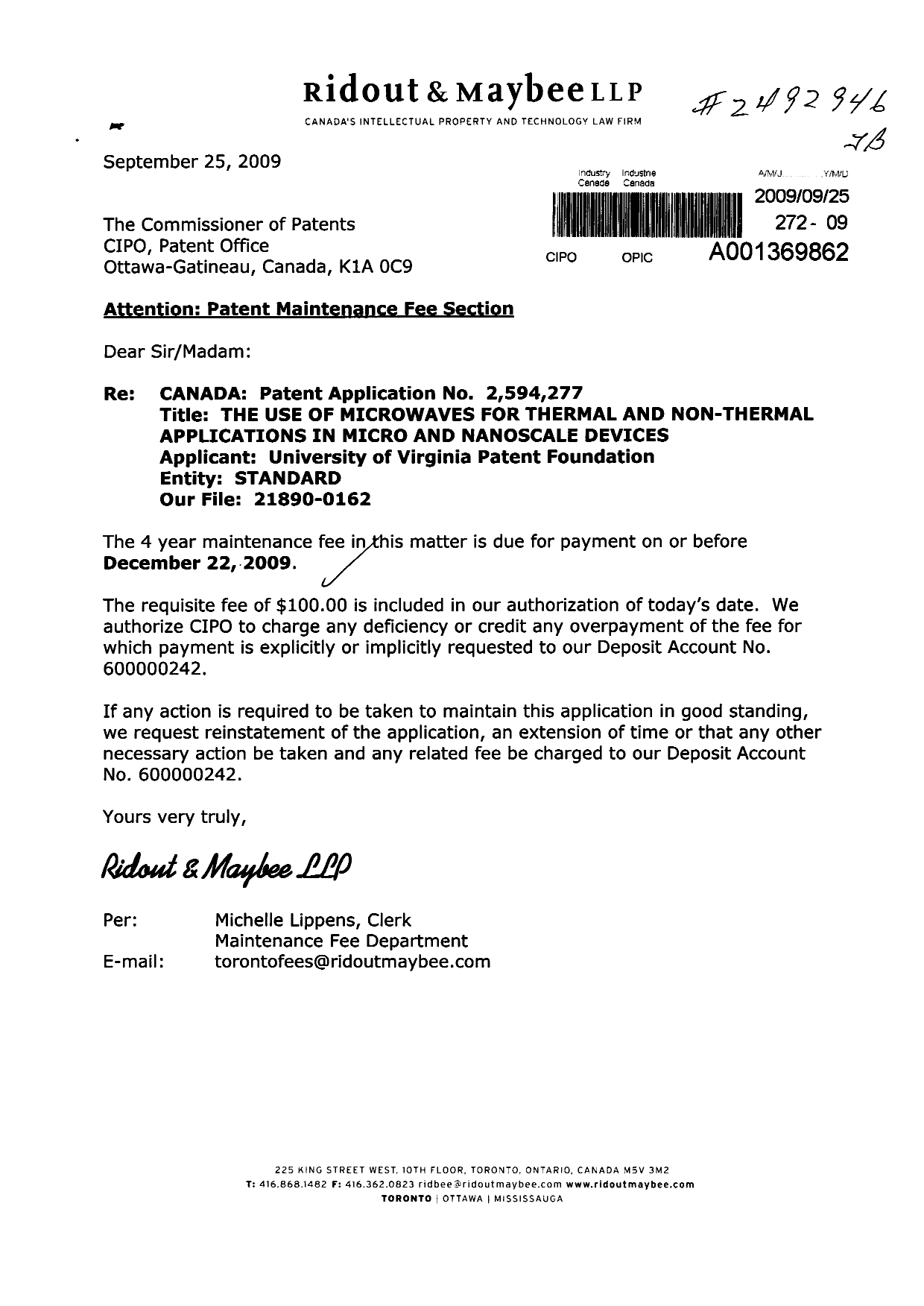 Canadian Patent Document 2594277. Fees 20090925. Image 1 of 1