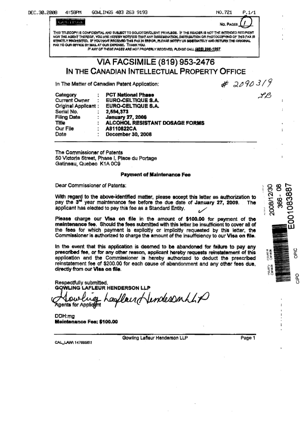 Canadian Patent Document 2594373. Fees 20081230. Image 1 of 1