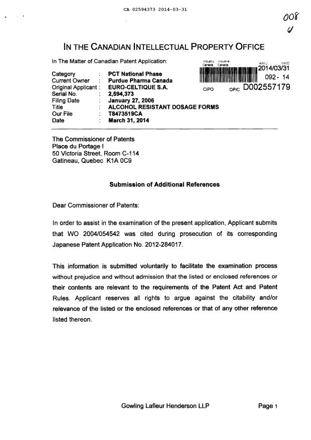 Document de brevet canadien 2594373. Poursuite-Amendment 20140331. Image 1 de 2