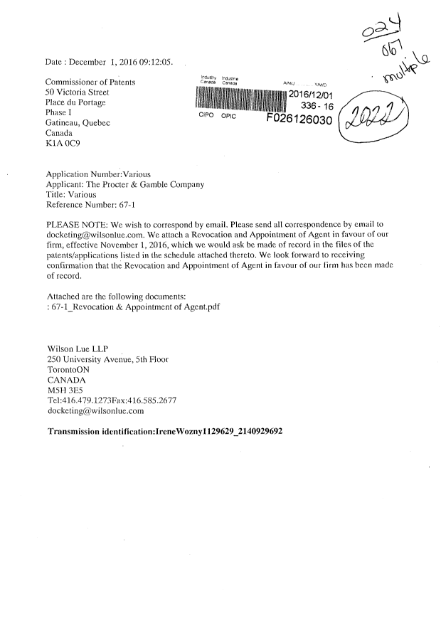 Document de brevet canadien 2594547. Correspondance 20161201. Image 1 de 4