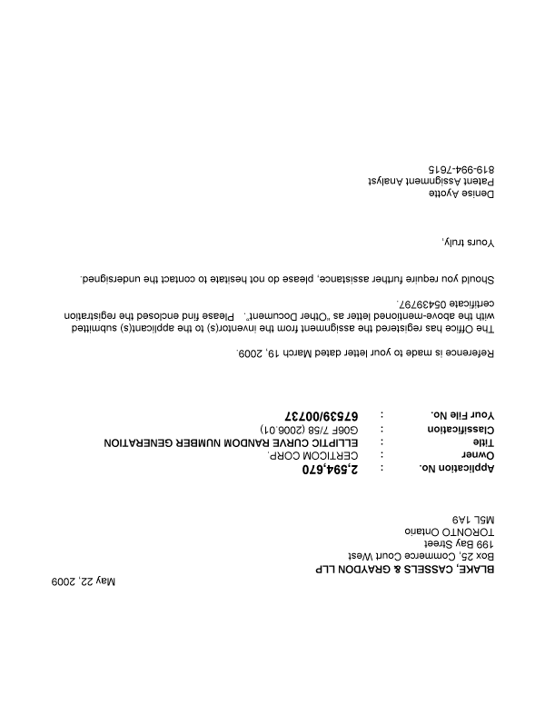 Document de brevet canadien 2594670. Correspondance 20081222. Image 1 de 1