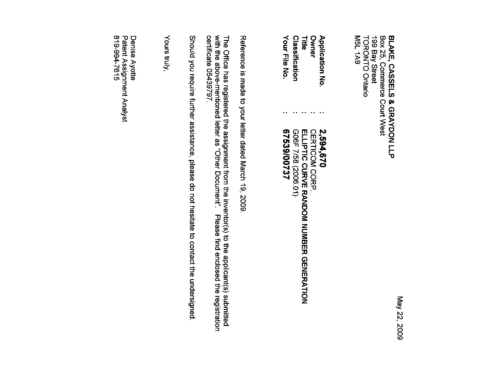 Document de brevet canadien 2594670. Correspondance 20081222. Image 1 de 1
