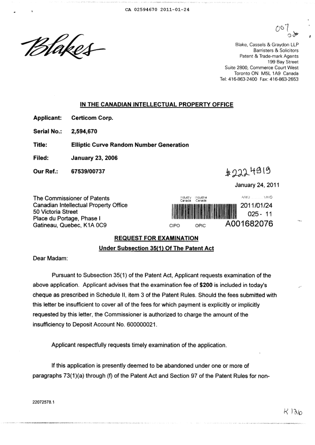 Canadian Patent Document 2594670. Prosecution-Amendment 20101224. Image 1 of 2