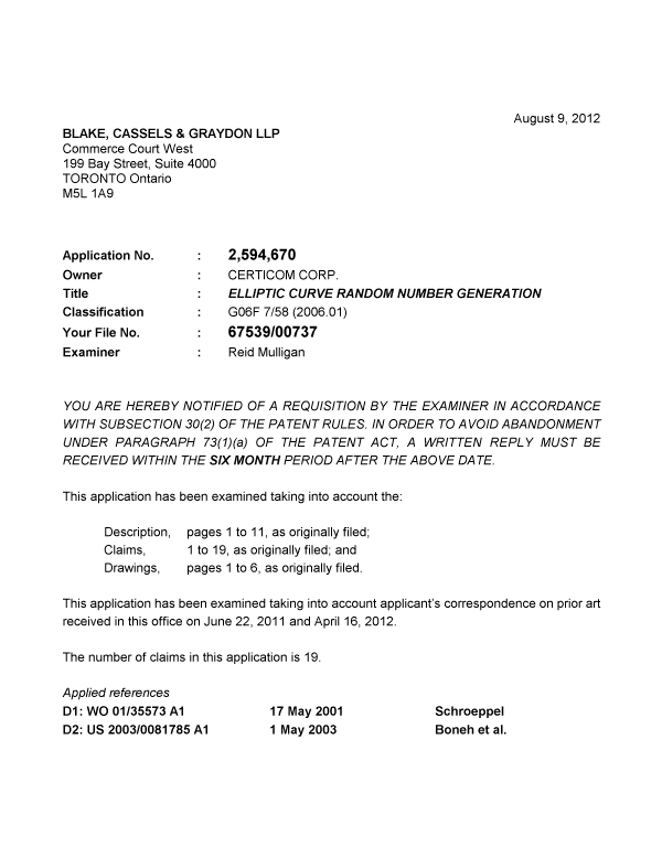 Canadian Patent Document 2594670. Prosecution-Amendment 20111209. Image 1 of 4