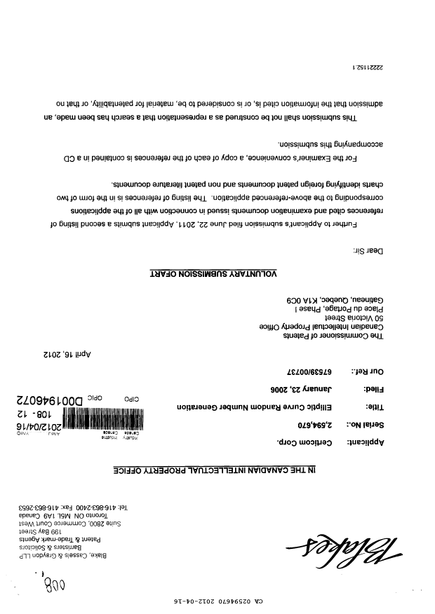 Canadian Patent Document 2594670. Prosecution-Amendment 20111216. Image 1 of 2