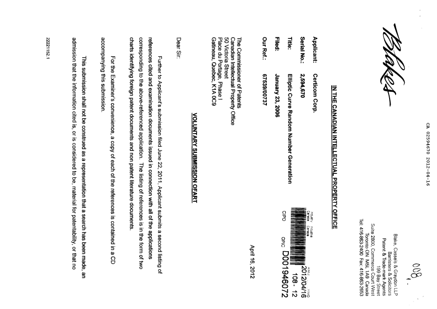 Canadian Patent Document 2594670. Prosecution-Amendment 20111216. Image 1 of 2