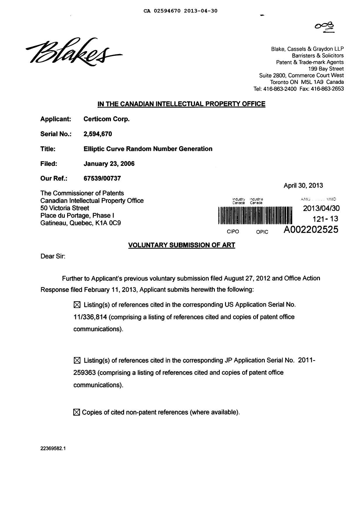 Canadian Patent Document 2594670. Prosecution-Amendment 20121230. Image 1 of 2