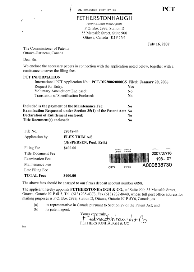 Document de brevet canadien 2595028. Cession 20070716. Image 1 de 2