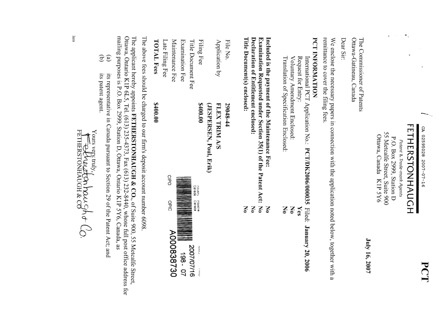 Canadian Patent Document 2595028. Assignment 20070716. Image 1 of 2