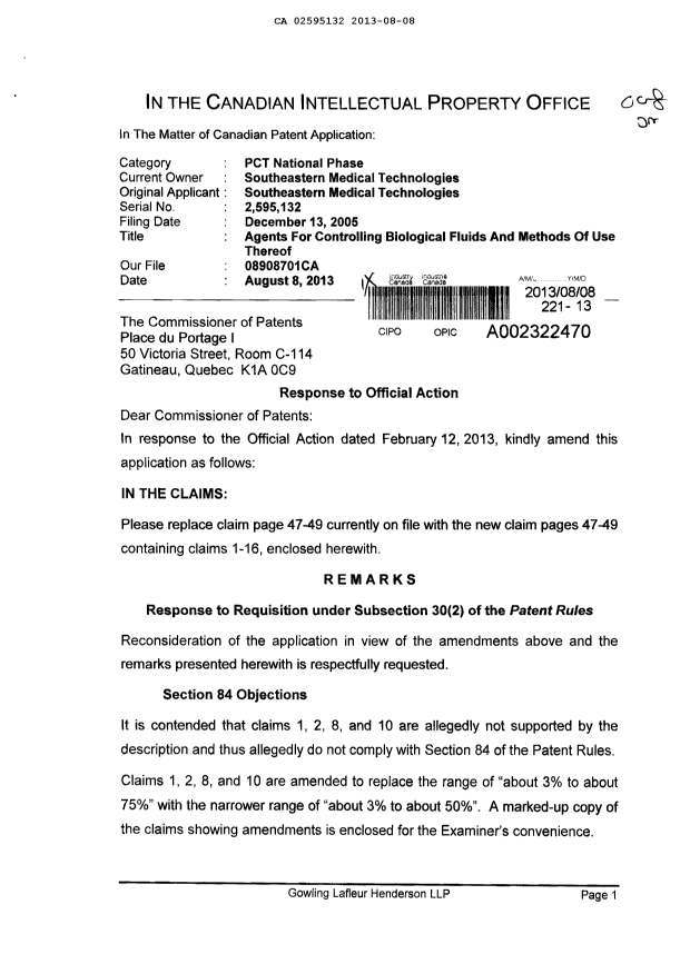 Canadian Patent Document 2595132. Prosecution-Amendment 20121208. Image 1 of 9