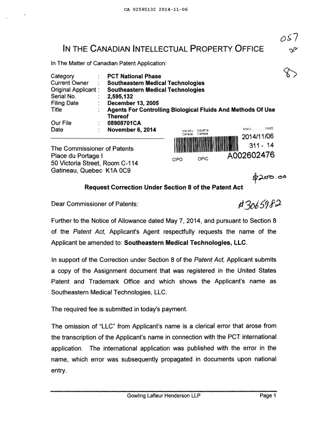 Document de brevet canadien 2595132. Correspondance 20131206. Image 1 de 7