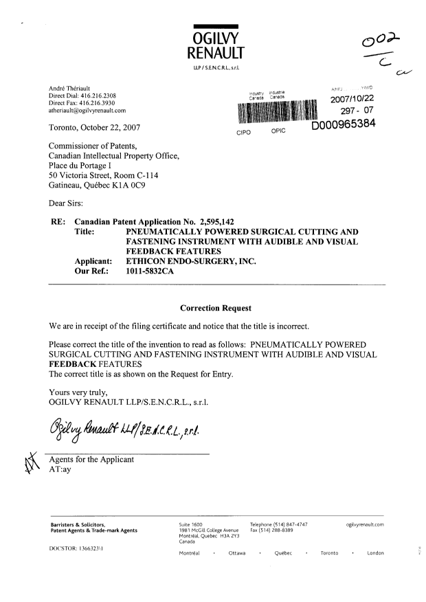 Canadian Patent Document 2595142. Correspondence 20071022. Image 1 of 2