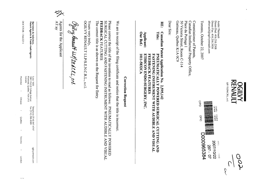 Canadian Patent Document 2595142. Correspondence 20071022. Image 1 of 2