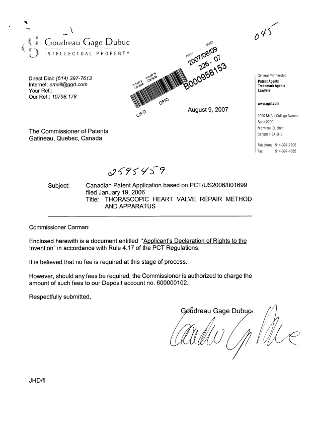 Canadian Patent Document 2595459. Correspondence 20061209. Image 1 of 2