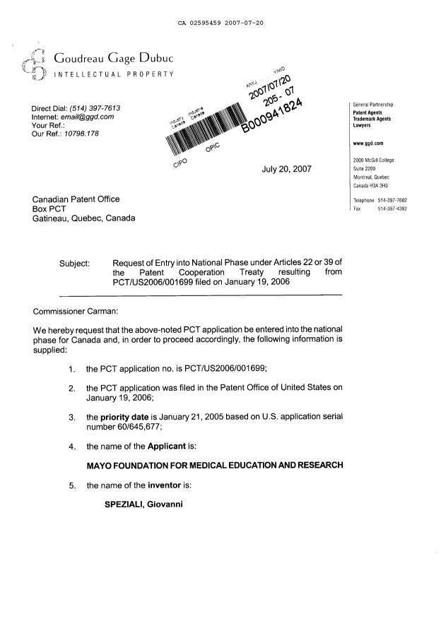 Document de brevet canadien 2595459. Cession 20061220. Image 1 de 4