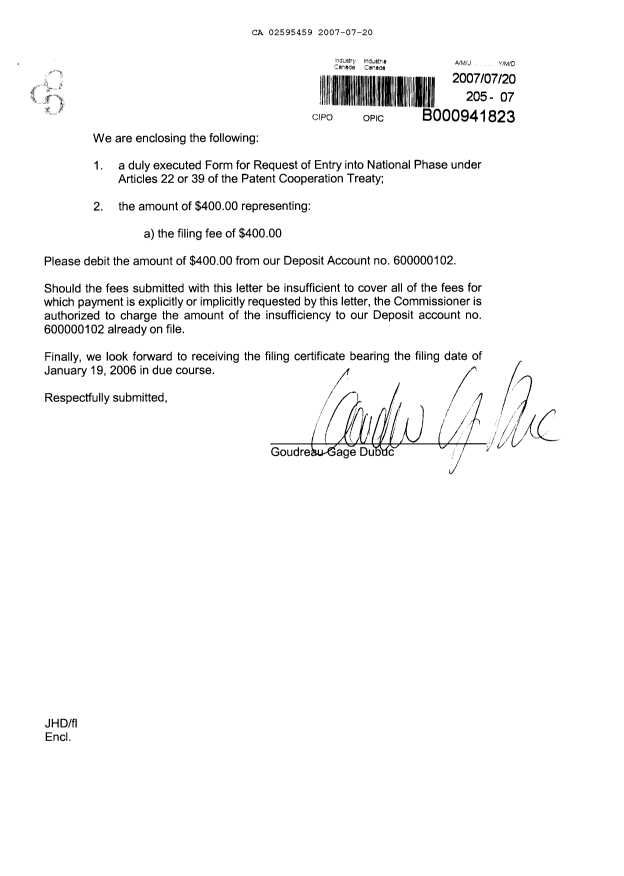 Document de brevet canadien 2595459. Cession 20061220. Image 2 de 4