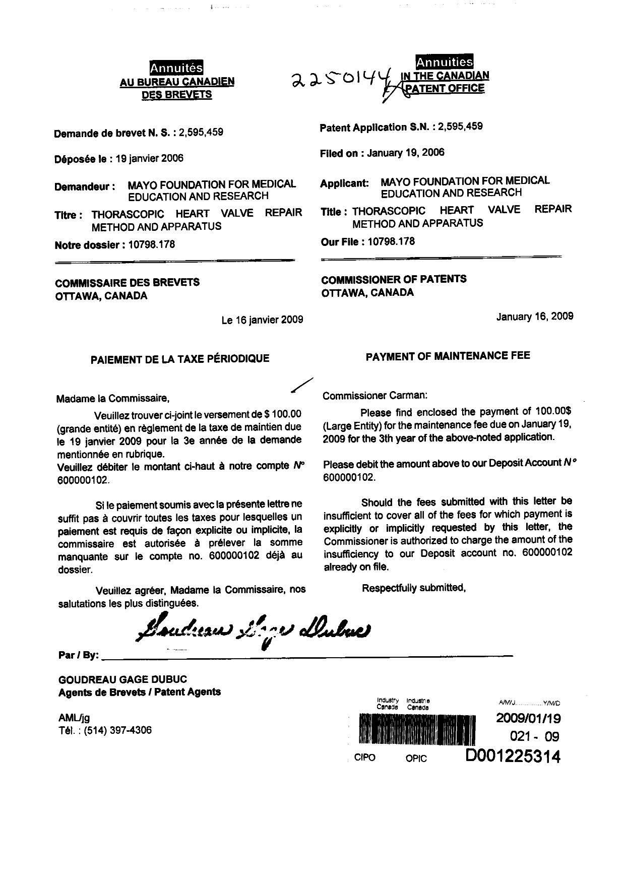 Canadian Patent Document 2595459. Fees 20090119. Image 1 of 1