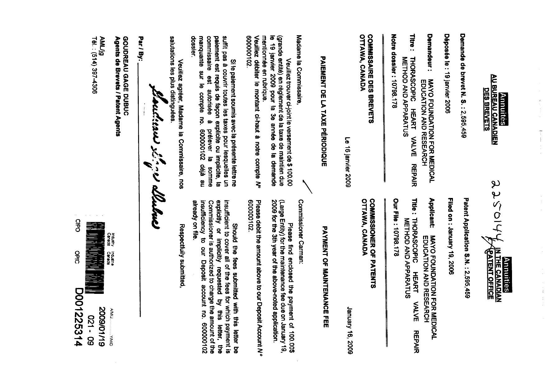 Document de brevet canadien 2595459. Taxes 20090119. Image 1 de 1