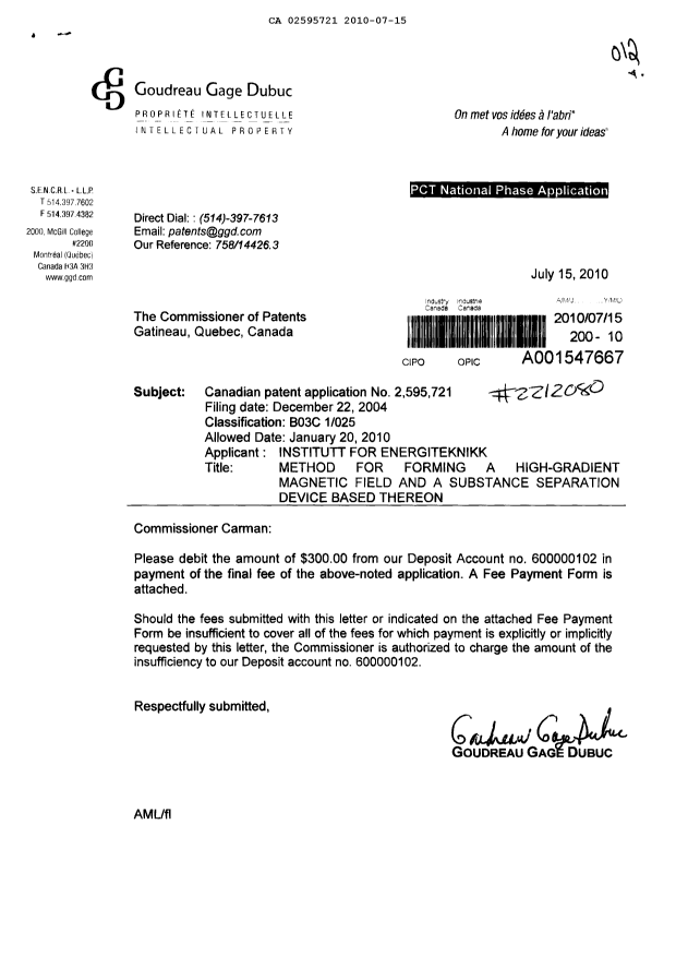 Document de brevet canadien 2595721. Correspondance 20100715. Image 1 de 1