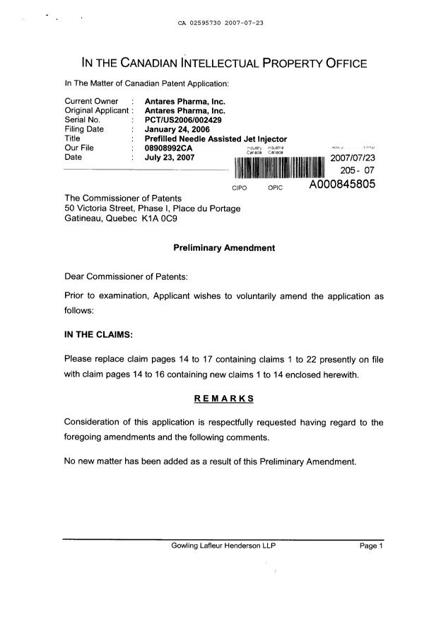 Canadian Patent Document 2595730. Prosecution-Amendment 20061223. Image 1 of 5