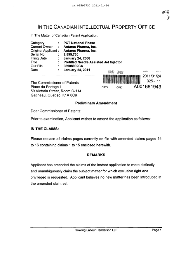 Canadian Patent Document 2595730. Prosecution-Amendment 20101224. Image 1 of 5