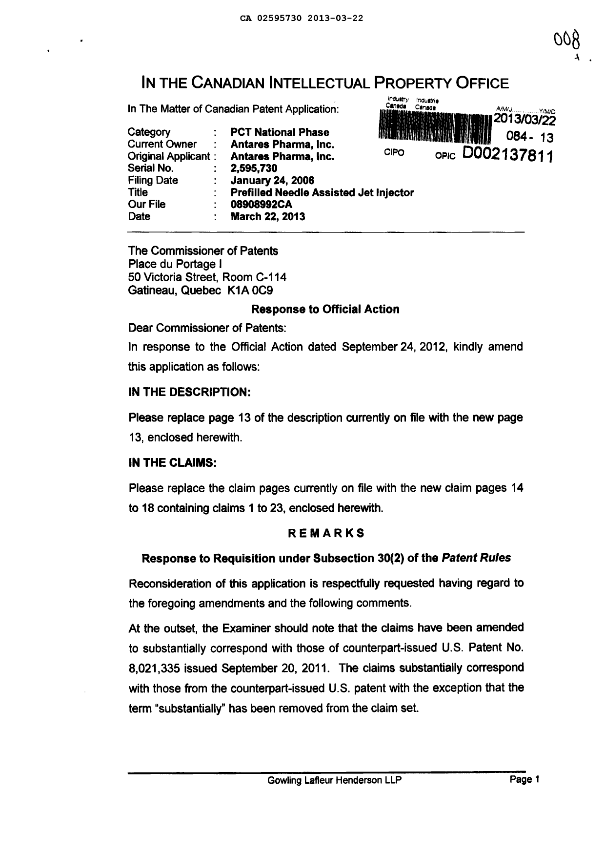 Document de brevet canadien 2595730. Poursuite-Amendment 20121222. Image 1 de 10