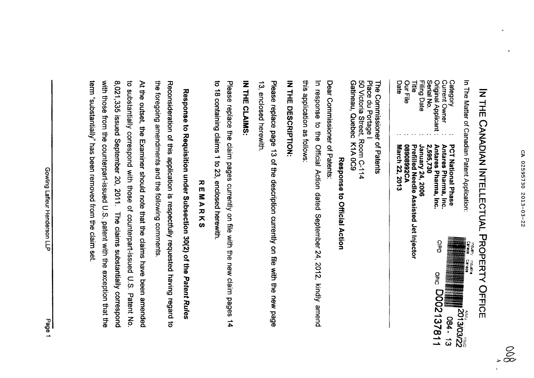 Canadian Patent Document 2595730. Prosecution-Amendment 20121222. Image 1 of 10