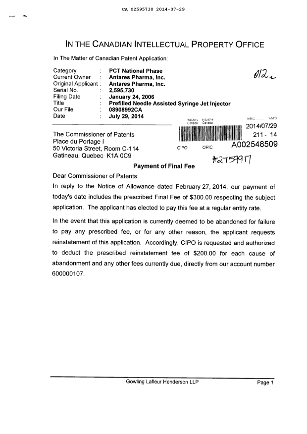Canadian Patent Document 2595730. Correspondence 20131229. Image 1 of 2