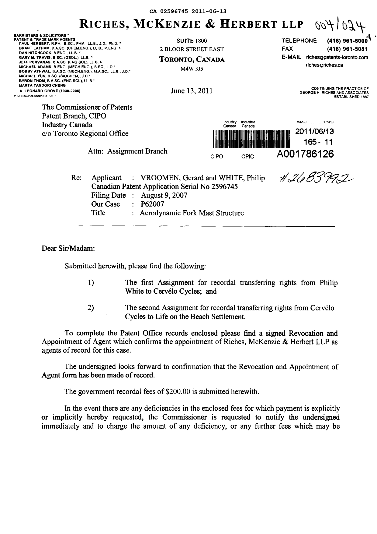 Canadian Patent Document 2596745. Correspondence 20110613. Image 1 of 3