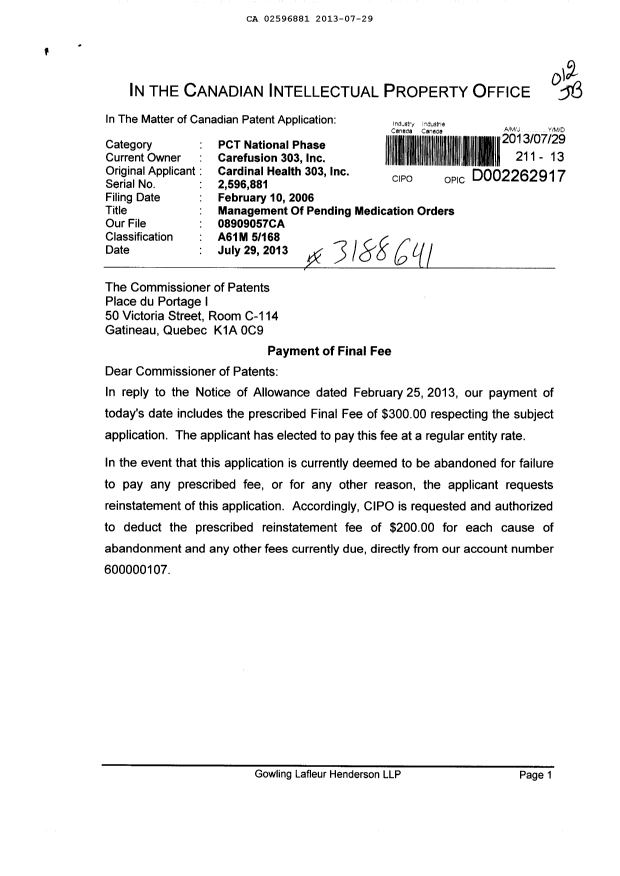 Document de brevet canadien 2596881. Correspondance 20130729. Image 1 de 2