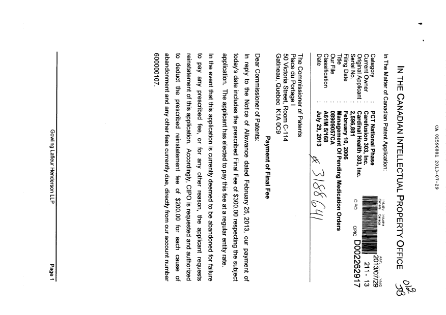 Canadian Patent Document 2596881. Correspondence 20130729. Image 1 of 2