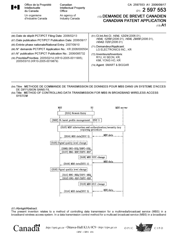 Document de brevet canadien 2597553. Page couverture 20071023. Image 1 de 2
