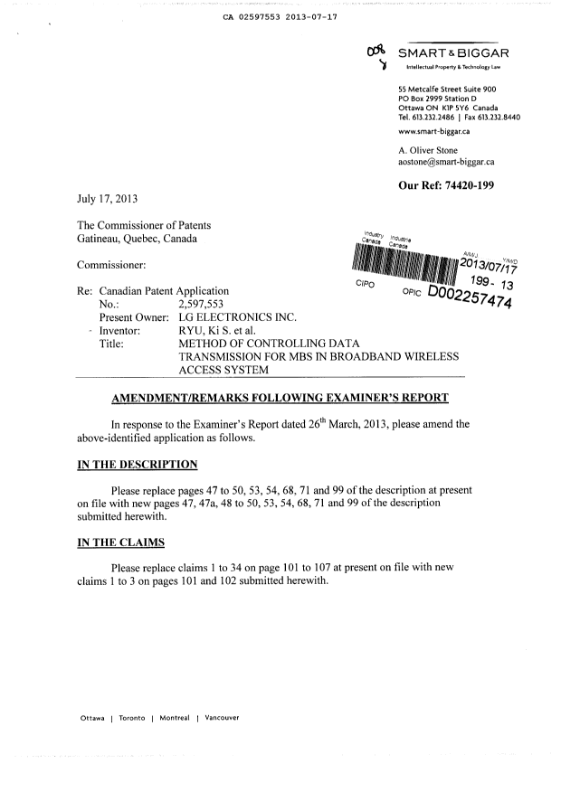 Document de brevet canadien 2597553. Poursuite-Amendment 20130717. Image 1 de 17