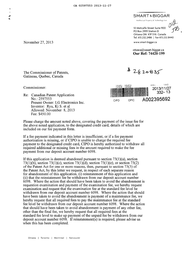 Document de brevet canadien 2597553. Correspondance 20131127. Image 1 de 2