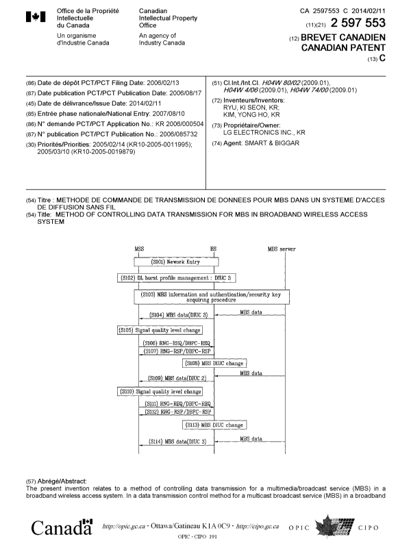 Document de brevet canadien 2597553. Page couverture 20140114. Image 1 de 2