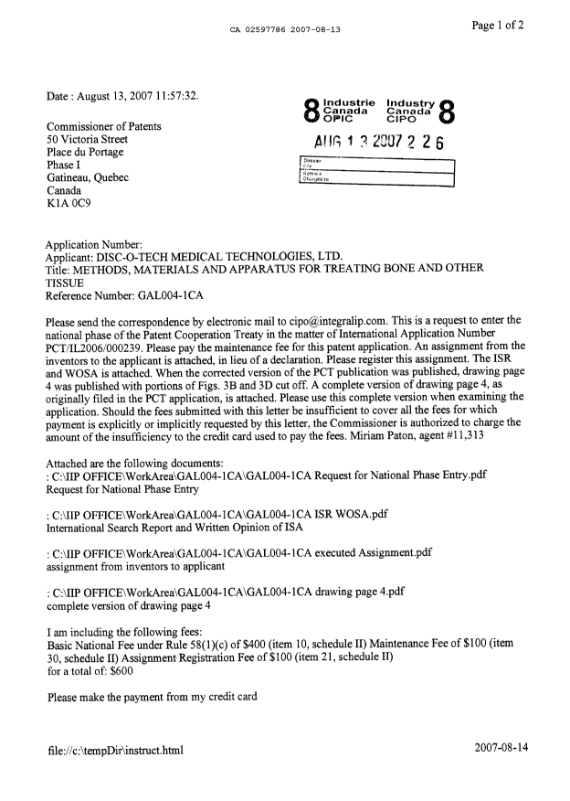 Document de brevet canadien 2597786. Cession 20070813. Image 1 de 7
