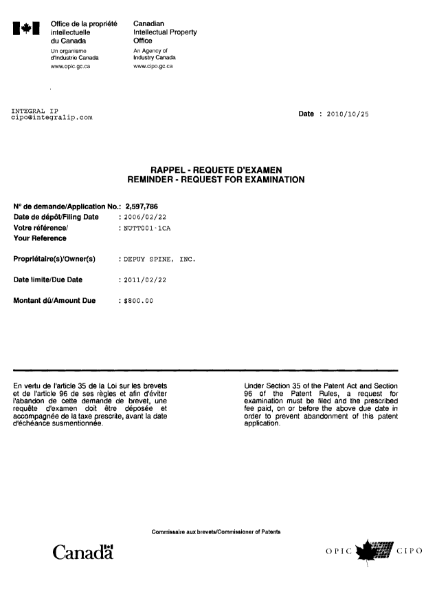 Document de brevet canadien 2597786. Correspondance 20101025. Image 1 de 1