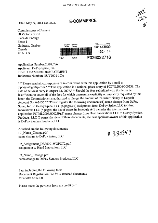 Canadian Patent Document 2597786. Correspondence 20131209. Image 1 of 2