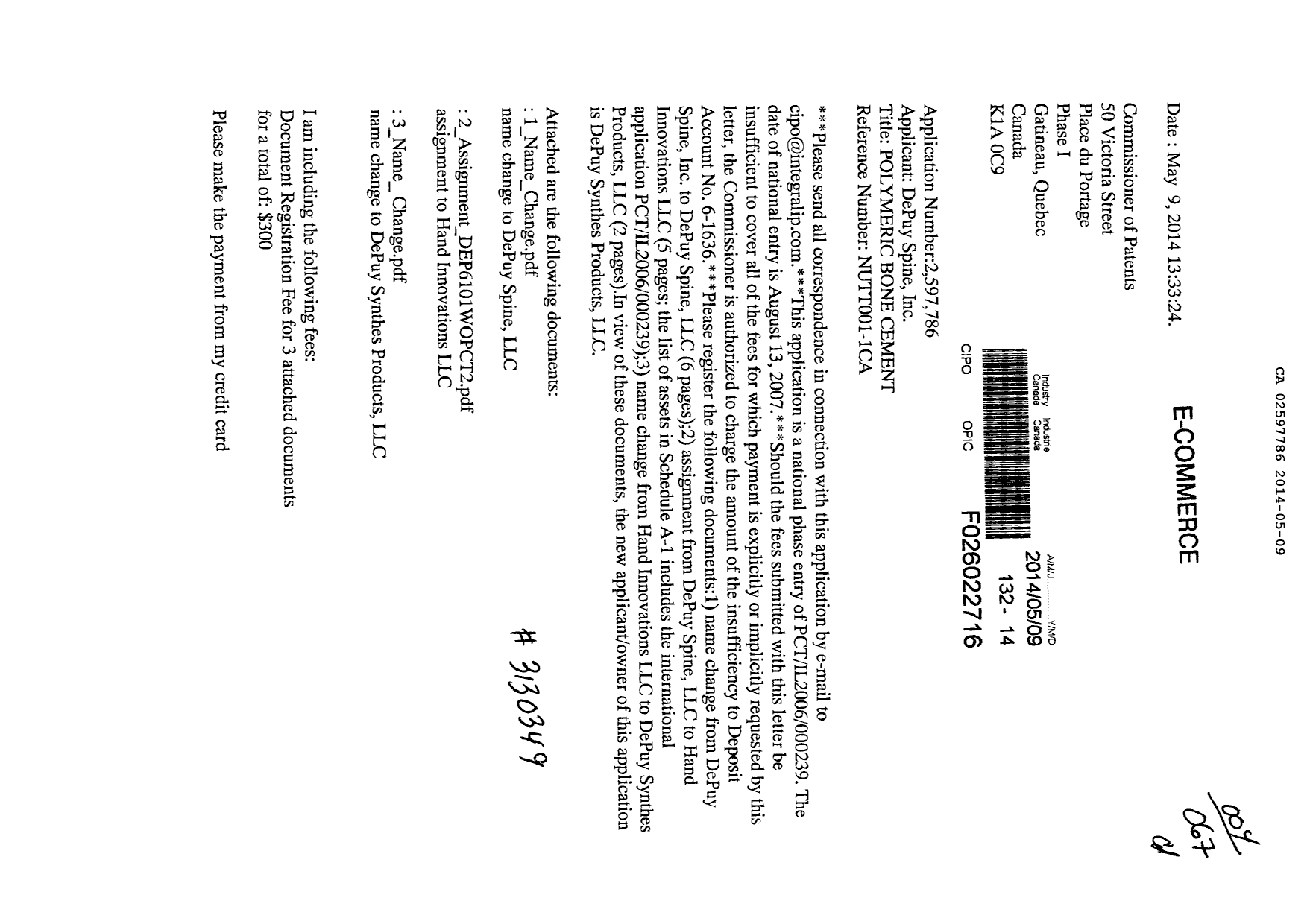 Canadian Patent Document 2597786. Correspondence 20131209. Image 1 of 2