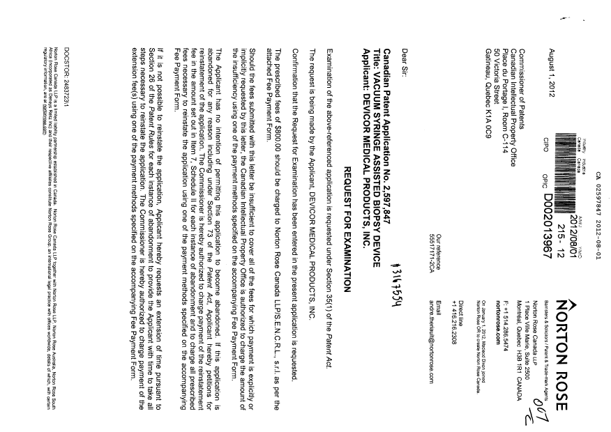 Canadian Patent Document 2597847. Prosecution-Amendment 20120801. Image 1 of 2