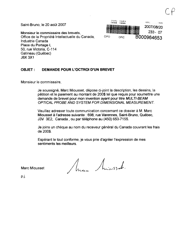 Document de brevet canadien 2597891. Cession 20070820. Image 1 de 2